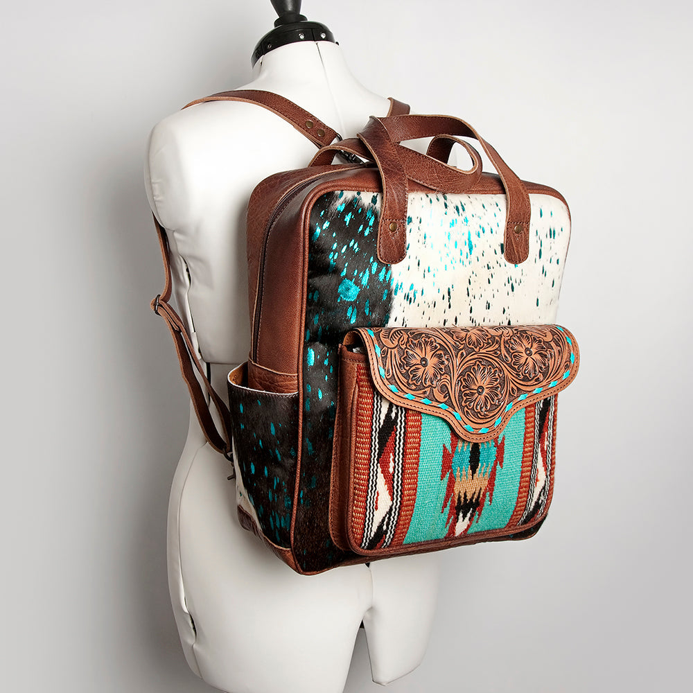 American Darling Backpack, Hand Tooled Floral Leather, Hair-On Cowhide &amp; Woven Saddle Blanket, Western Style Genuine Leather