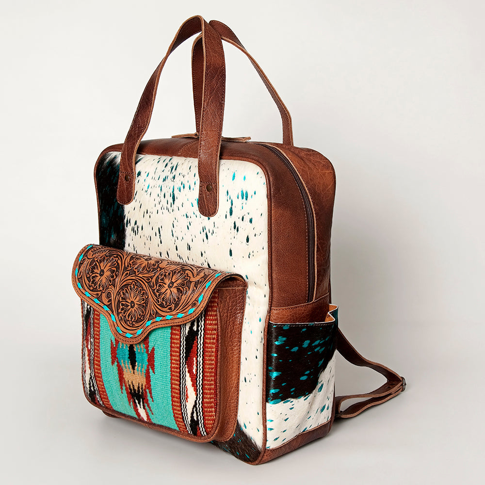 American Darling Backpack, Hand Tooled Floral Leather, Hair-On Cowhide &amp; Woven Saddle Blanket, Western Style Genuine Leather