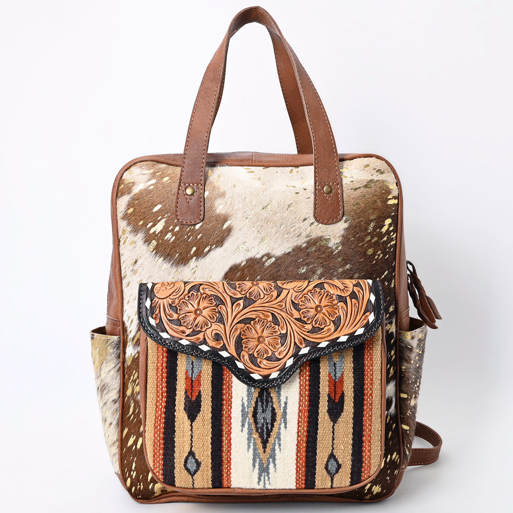 American Darling Backpack, Hand Tooled Floral Leather, Hair-On Cowhide &amp; Woven Saddle Blanket, Western Style Genuine Leather