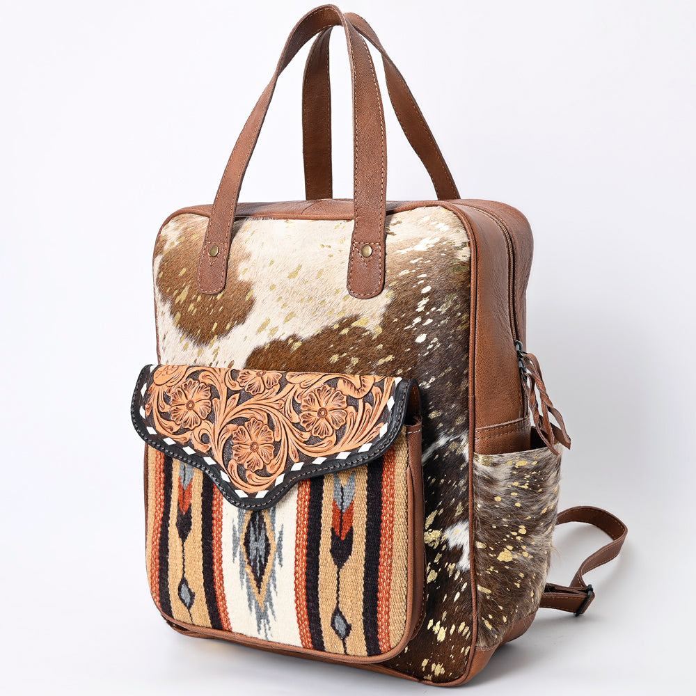 American Darling Backpack, Hand Tooled Floral Leather, Hair-On Cowhide &amp; Woven Saddle Blanket, Western Style Genuine Leather