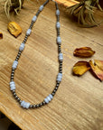 Blue Lace Agate & Sterling Silver Pearl Necklace – 20 ½” Plus Extender