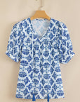 Geometric Tassel Tie V-Neck Short Sleeve Blouse