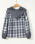Plaid Quarter-Button Patchwork Long Sleeve Hooded Blouse