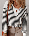 Stripe Textured Long Sleeve Hooded V-Neck Top