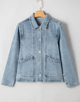 Solid Denim Scallop Collar Patch Pocket Buttoned Jacket