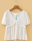 Floral Bow Tie Back Bubble Sleeve Peplum Top