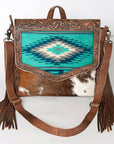 American Darling Messenger Bag for Women, Hand Tooled Floral Leather, Hair-On Cowhide, Saddle Blanket, Genuine Western Leather