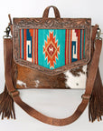 American Darling Messenger Bag for Women, Hand Tooled Floral Leather, Hair-On Cowhide, Saddle Blanket, Genuine Western Leather