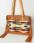 American Darling Tote Bag for Women, Hand Tooled Floral Leather, Hand Woven Saddle Blanket, Fringed Western Purse