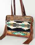 American Darling Tote Bag for Women, Hand Tooled Floral Leather, Hand Woven Saddle Blanket, Fringed Western Purse