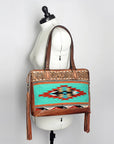 American Darling Tote Bag for Women, Hand Tooled Floral Leather, Hand Woven Saddle Blanket, Fringed Western Purse
