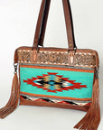 American Darling Tote Bag for Women, Hand Tooled Floral Leather, Hand Woven Saddle Blanket, Fringed Western Purse