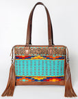 American Darling Tote Bag for Women, Hand Tooled Floral Leather, Hand Woven Saddle Blanket, Fringed Western Purse