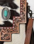 American Darling Messenger Bag for Women, Hand Tooled Floral Leather, Hair-On Cowhide, Woven Saddle Blanket, Genuine Leather