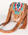 American Darling Messenger Bag for Women, Hand Tooled Floral Leather, Hair-On Cowhide, Woven Saddle Blanket, Genuine Leather