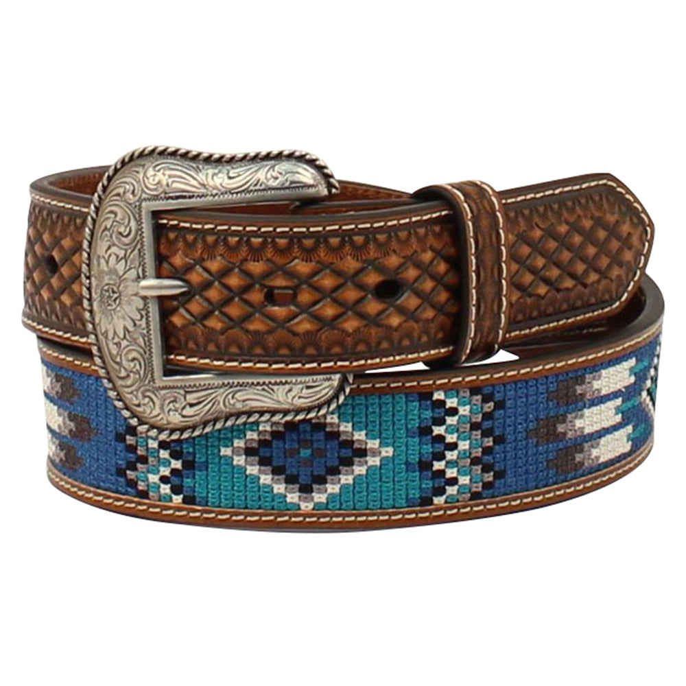 Ariat Mens Brown &amp; Blue Southwest Embroidered Leather Belt