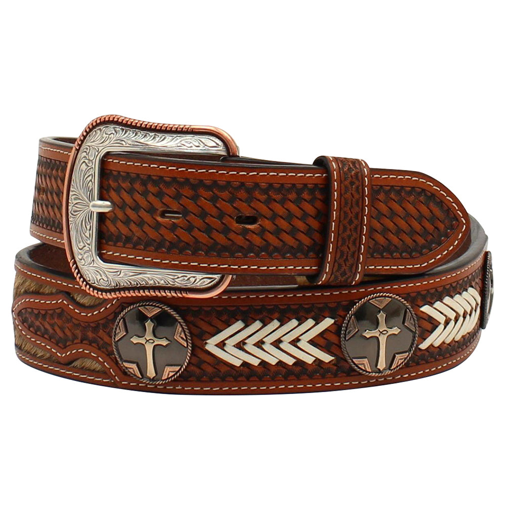 M&amp;F Western 1.5 in. Mens Tooled Tabs Calf Hair Copper Cross Concho Belt Tan