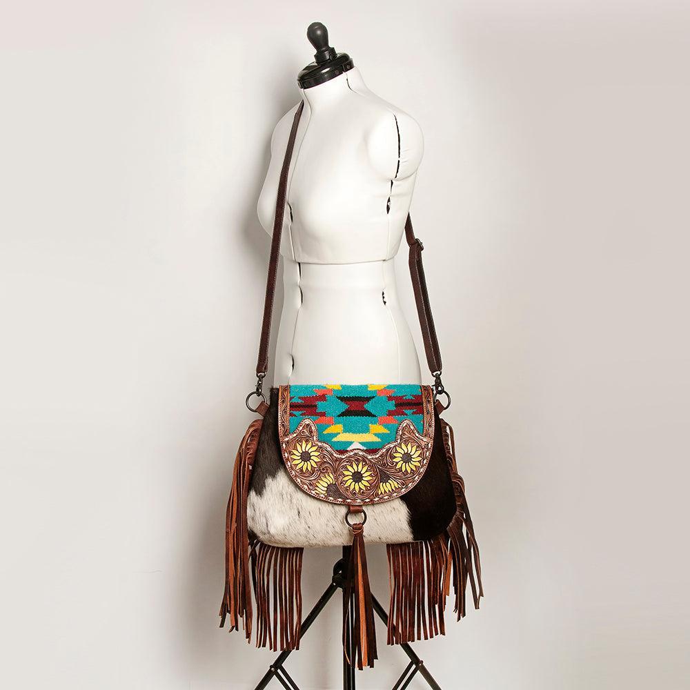 American Darling ADBGZ625 Messenger Hand Tooled Hair-On Genuine Leather Women Bag Western Handbag Purse