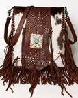 American Darling Messenger Bag Western Hair-On Cowhide Genuine Leather Handcrafted Purse with Fringes and Turquoise Stone