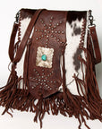 American Darling Messenger Bag Western Hair-On Cowhide Genuine Leather Handcrafted Purse with Fringes and Turquoise Stone