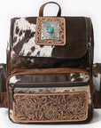 American Darling Backpack for Women, Hand Tooled Floral Leather, Hair-On Cowhide, Turquoise Concho, Genuine Western Leather