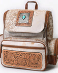 American Darling Backpack for Women, Hand Tooled Floral Leather, Hair-On Cowhide, Turquoise Concho, Genuine Western Leather