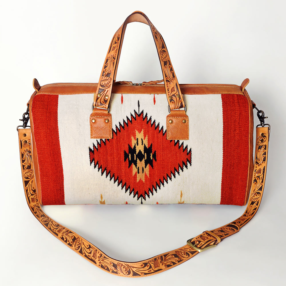 American Darling Duffel Bag for Travel, Hand Tooled Floral Leather &amp; Woven Saddle Blanket, Genuine Western Leather Weekender