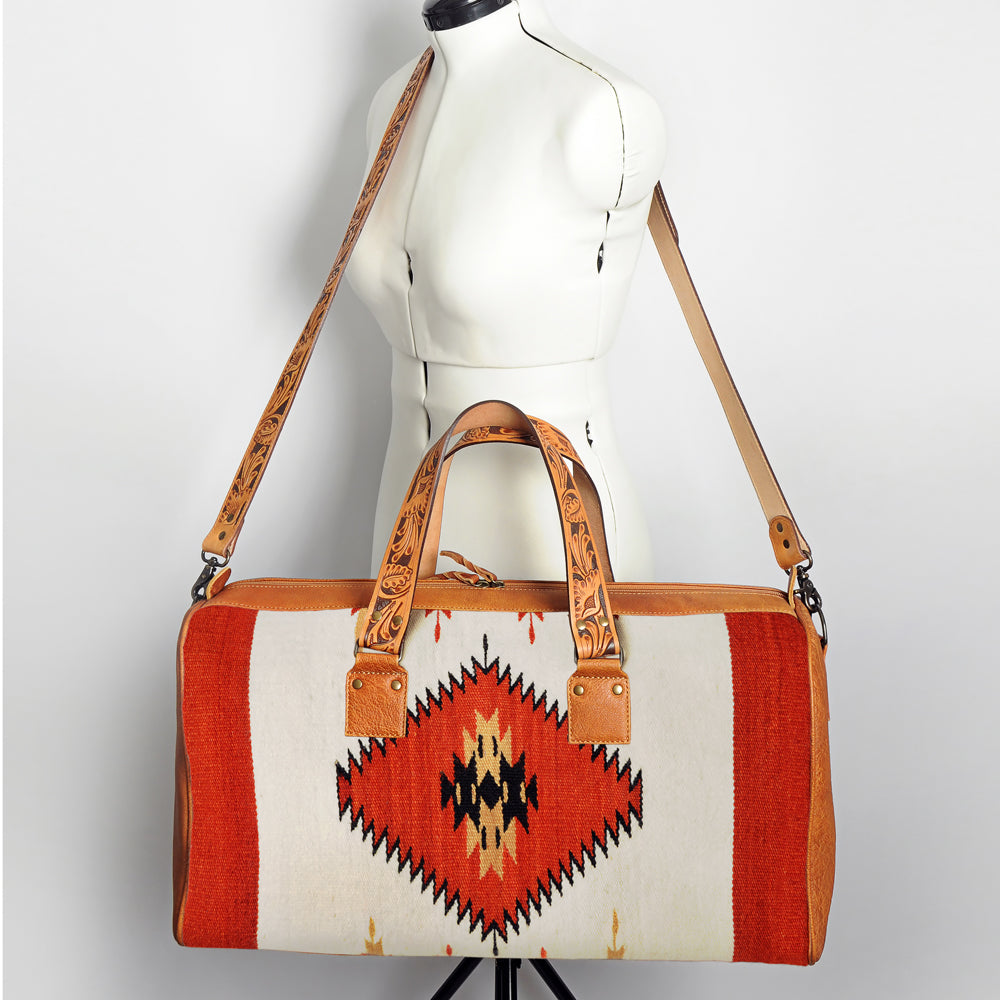 American Darling Duffel Bag for Travel, Hand Tooled Floral Leather &amp; Woven Saddle Blanket, Genuine Western Leather Weekender