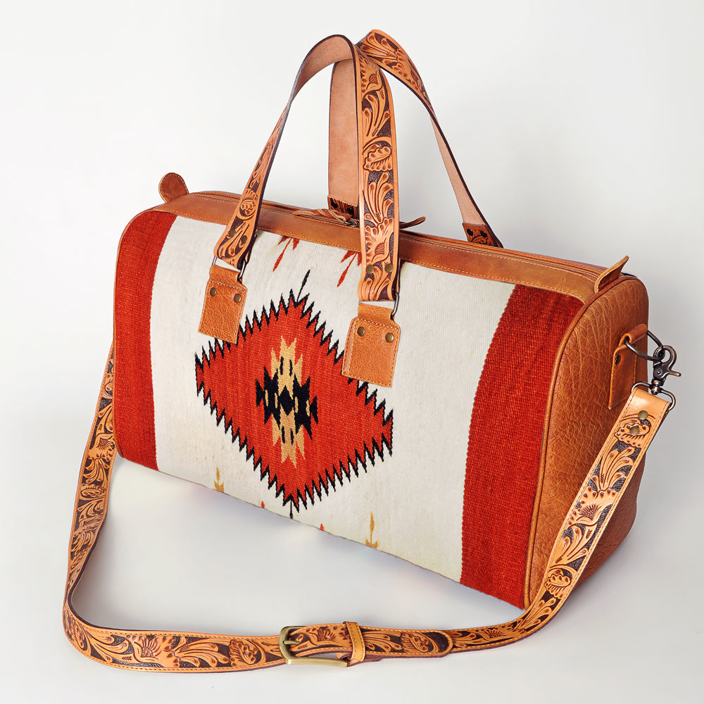 American Darling Duffel Bag for Travel, Hand Tooled Floral Leather &amp; Woven Saddle Blanket, Genuine Western Leather Weekender