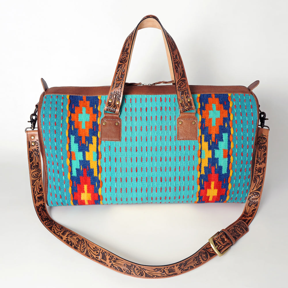 American Darling Duffel Bag for Travel, Hand Tooled Floral Leather &amp; Woven Saddle Blanket, Genuine Western Leather Weekender