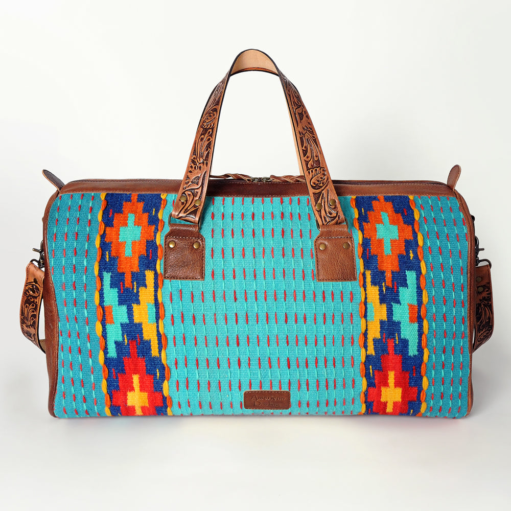 American Darling Duffel Bag for Travel, Hand Tooled Floral Leather &amp; Woven Saddle Blanket, Genuine Western Leather Weekender