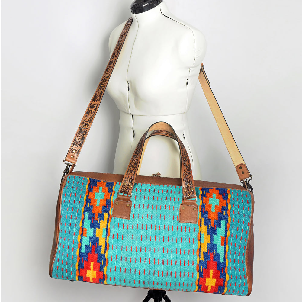 American Darling Duffel Bag for Travel, Hand Tooled Floral Leather &amp; Woven Saddle Blanket, Genuine Western Leather Weekender