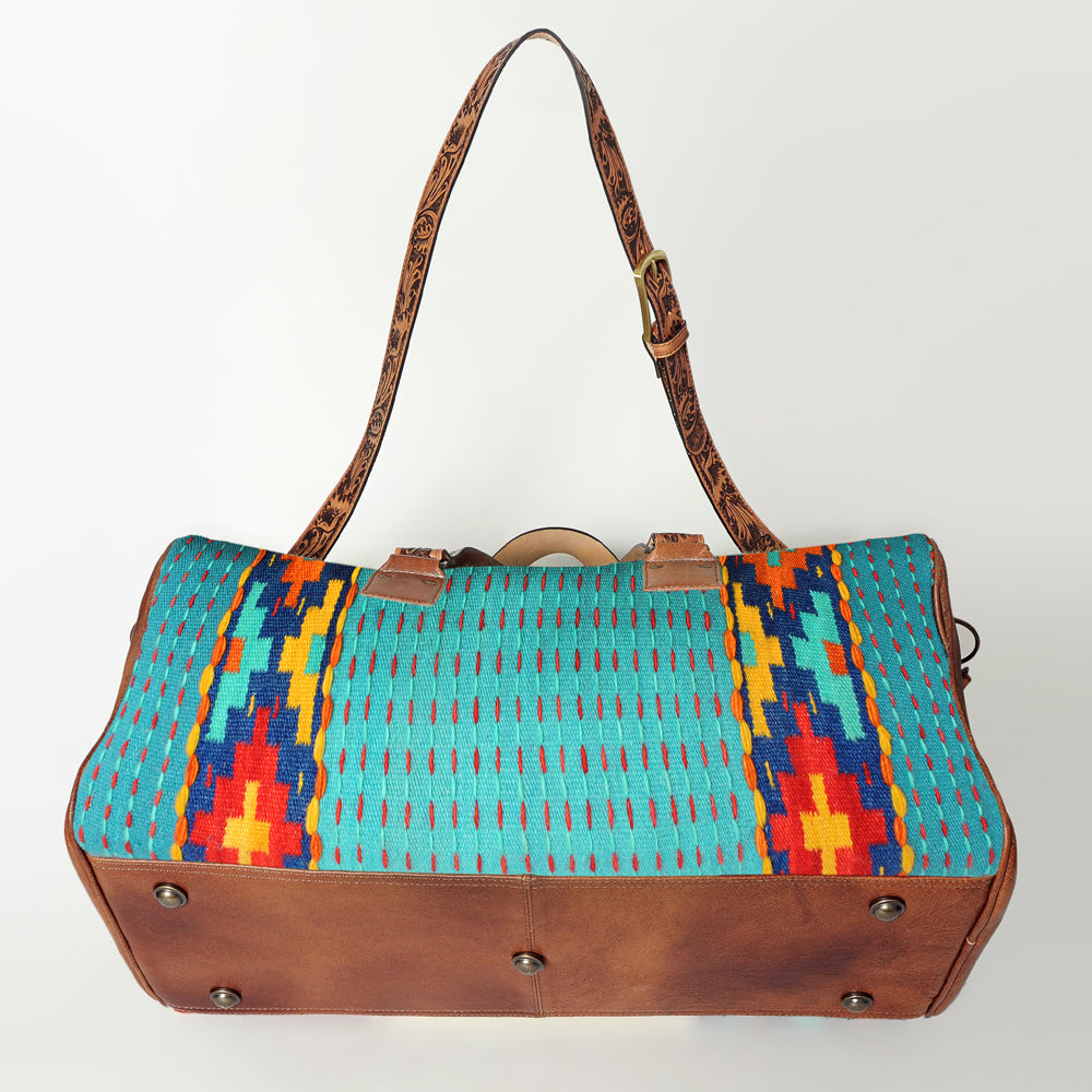 American Darling Duffel Bag for Travel, Hand Tooled Floral Leather &amp; Woven Saddle Blanket, Genuine Western Leather Weekender