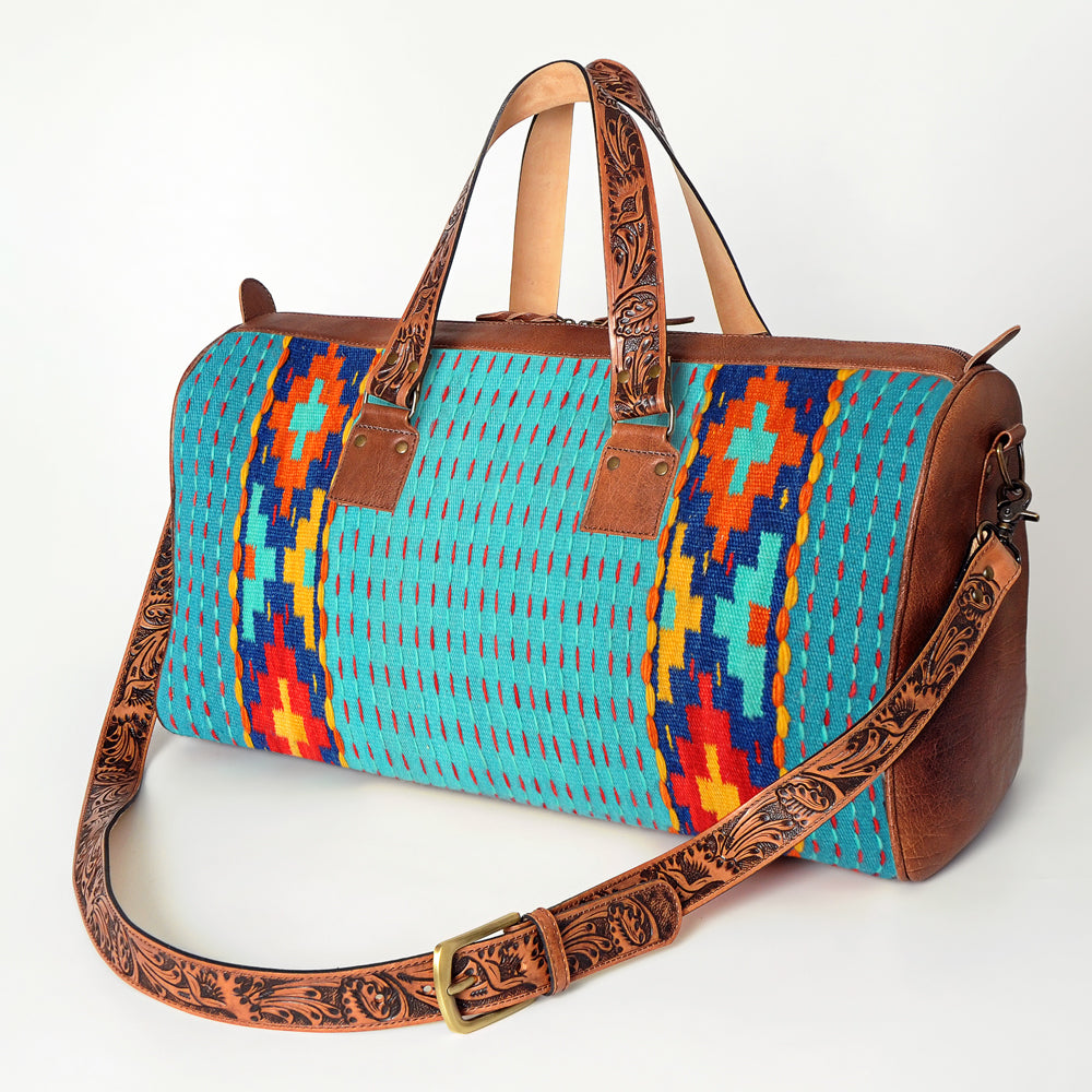American Darling Duffel Bag for Travel, Hand Tooled Floral Leather &amp; Woven Saddle Blanket, Genuine Western Leather Weekender