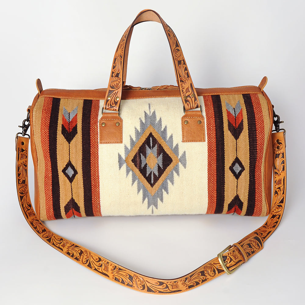 American Darling Duffel Bag for Travel, Hand Tooled Floral Leather &amp; Woven Saddle Blanket, Genuine Western Leather Weekender
