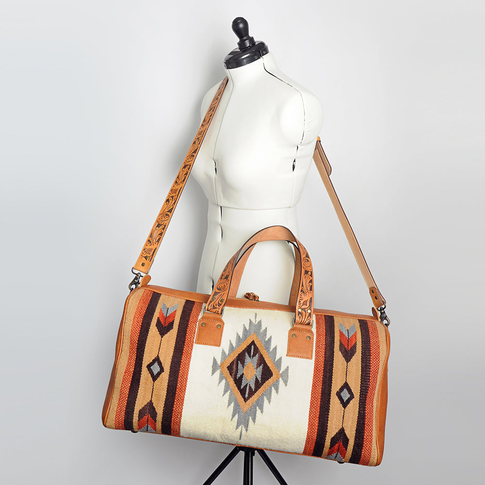 American Darling Duffel Bag for Travel, Hand Tooled Floral Leather &amp; Woven Saddle Blanket, Genuine Western Leather Weekender