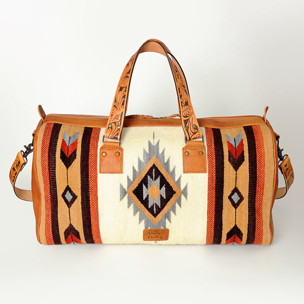 American Darling Duffel Bag for Travel, Hand Tooled Floral Leather &amp; Woven Saddle Blanket, Genuine Western Leather Weekender