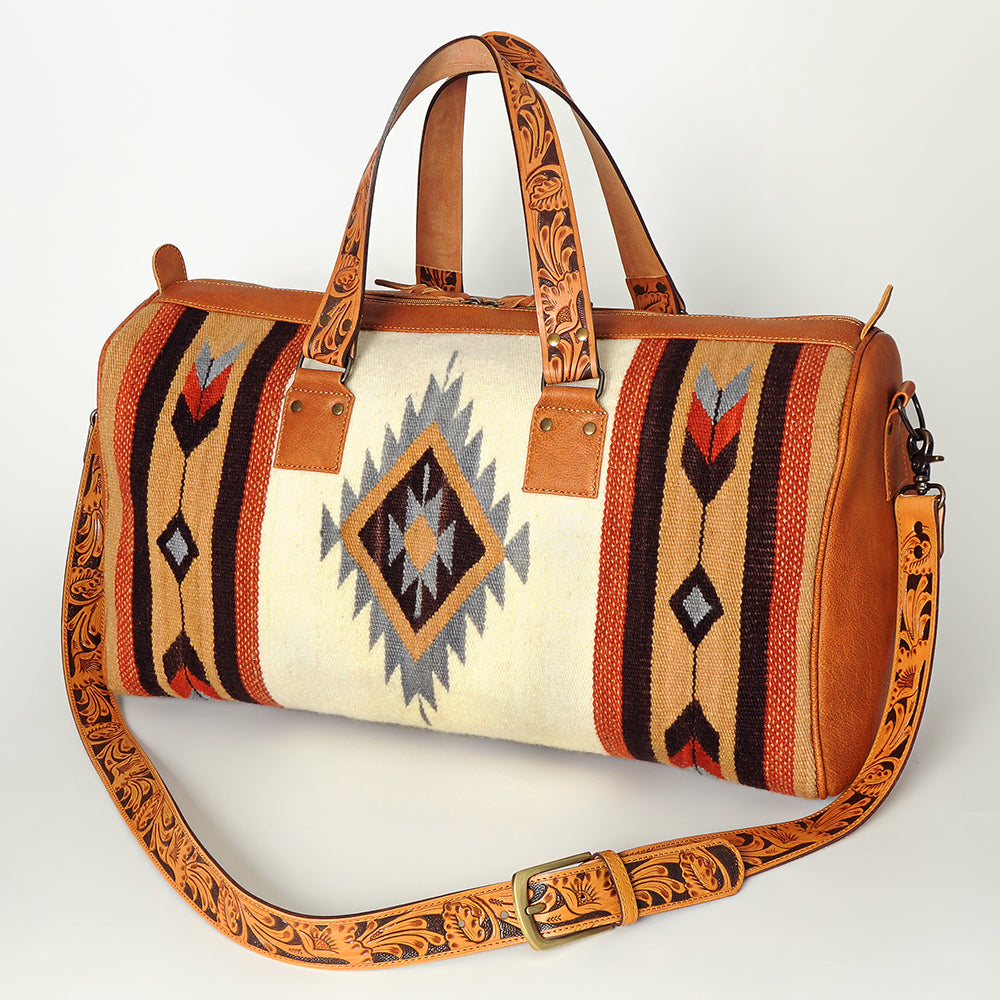 American Darling Duffel Bag for Travel, Hand Tooled Floral Leather &amp; Woven Saddle Blanket, Genuine Western Leather Weekender