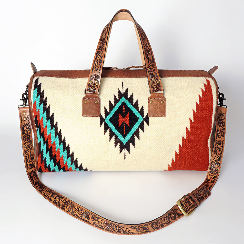 American Darling Duffel Bag for Travel, Hand Tooled Floral Leather &amp; Woven Saddle Blanket, Genuine Western Leather Weekender