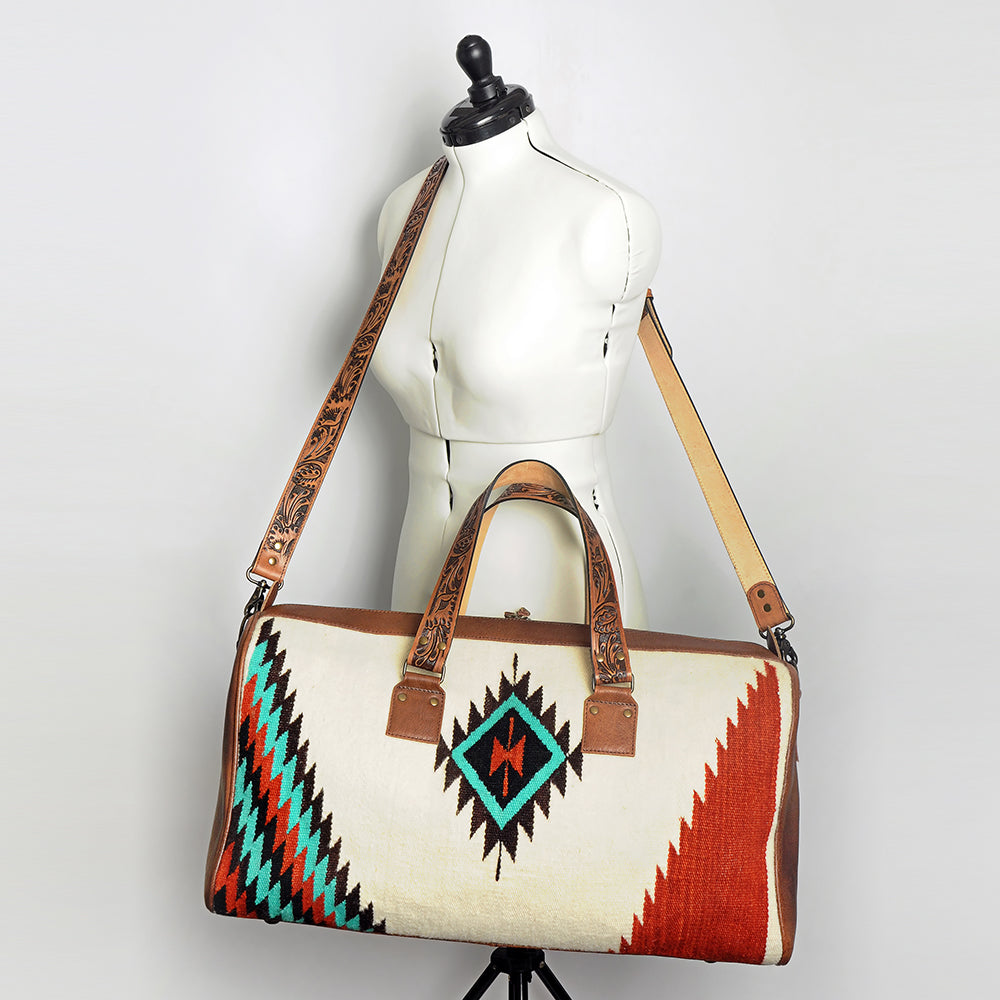 American Darling Duffel Bag for Travel, Hand Tooled Floral Leather &amp; Woven Saddle Blanket, Genuine Western Leather Weekender