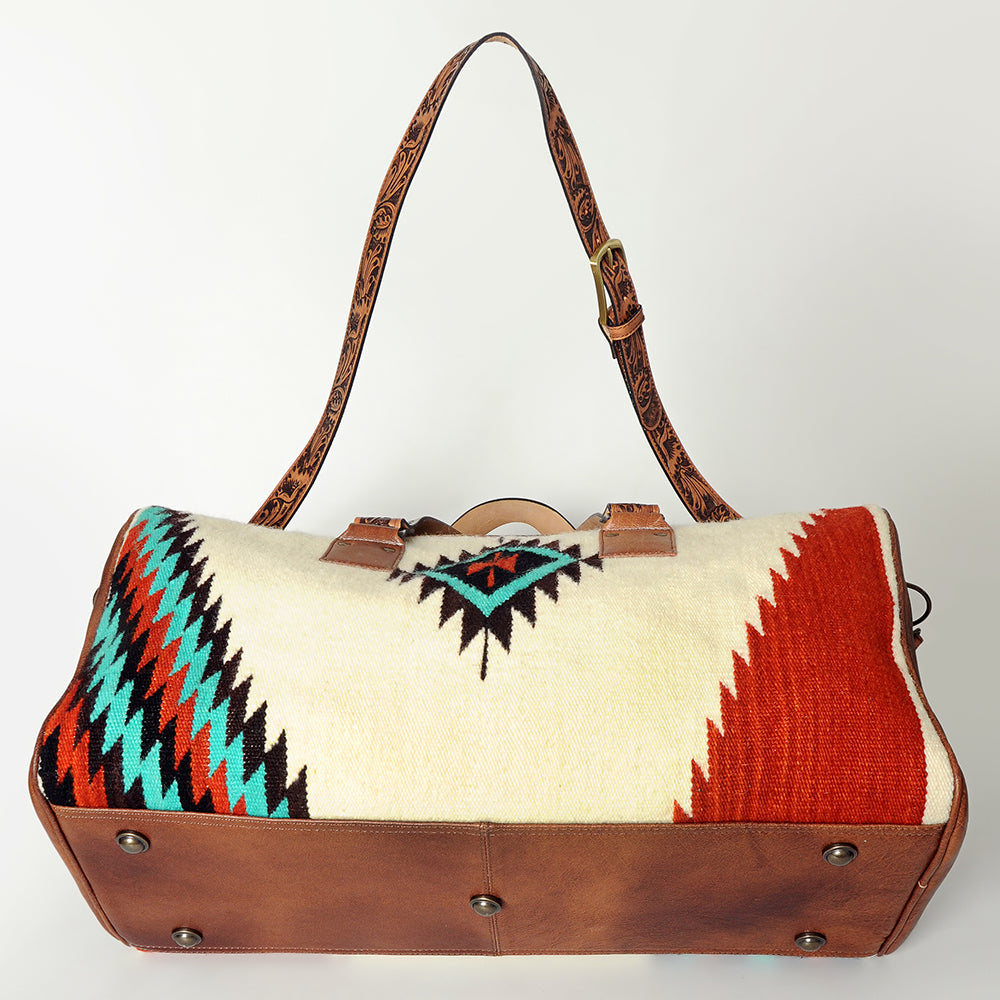 American Darling Duffel Bag for Travel, Hand Tooled Floral Leather &amp; Woven Saddle Blanket, Genuine Western Leather Weekender