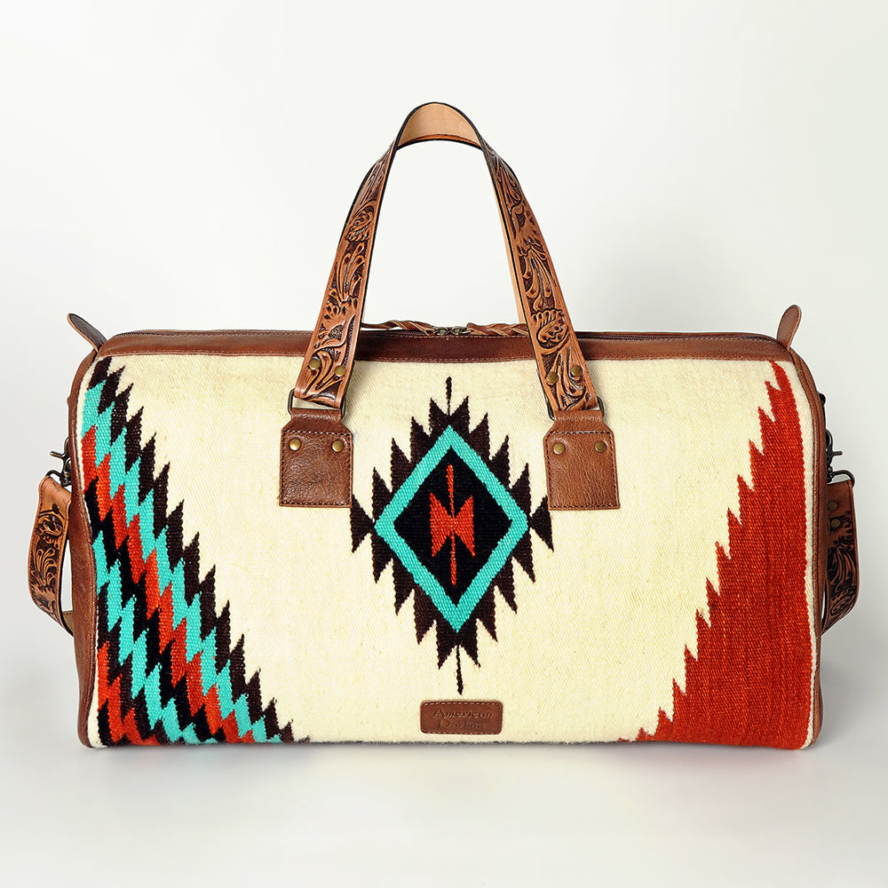 American Darling Duffel Bag for Travel, Hand Tooled Floral Leather &amp; Woven Saddle Blanket, Genuine Western Leather Weekender