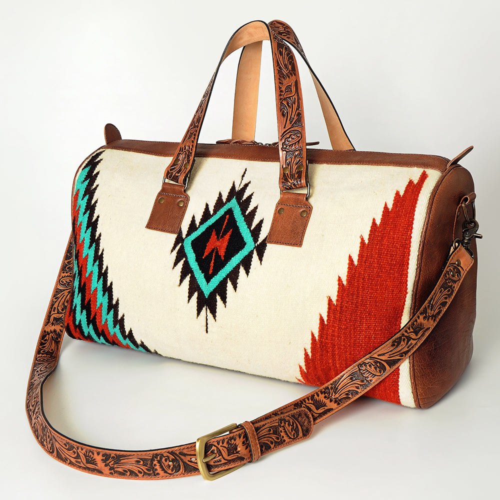 American Darling Duffel Bag for Travel, Hand Tooled Floral Leather &amp; Woven Saddle Blanket, Genuine Western Leather Weekender