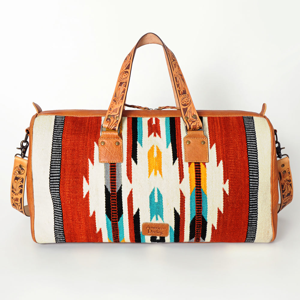 American Darling Duffel Bag for Travel, Hand Tooled Floral Leather &amp; Woven Saddle Blanket, Genuine Western Leather Weekender