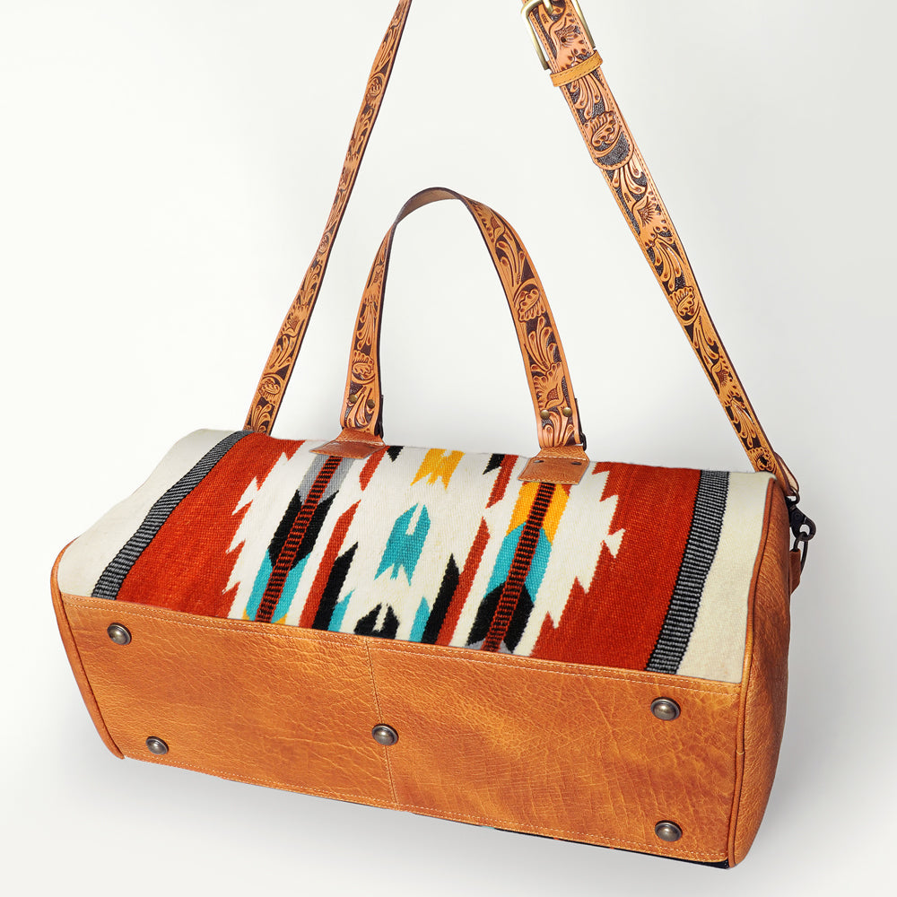 American Darling Duffel Bag for Travel, Hand Tooled Floral Leather &amp; Woven Saddle Blanket, Genuine Western Leather Weekender