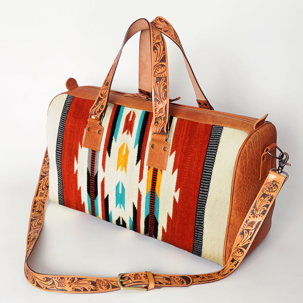 American Darling Duffel Bag for Travel, Hand Tooled Floral Leather &amp; Woven Saddle Blanket, Genuine Western Leather Weekender