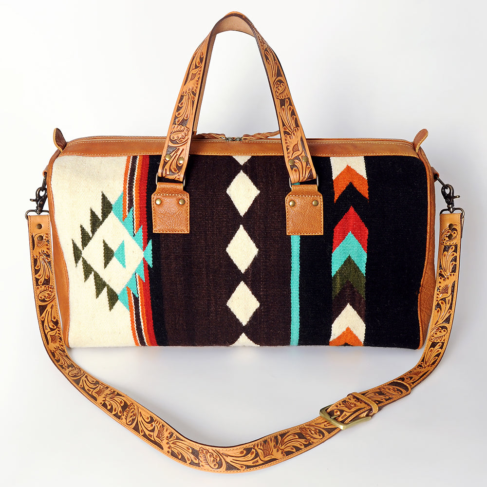 American Darling Duffel Bag for Travel, Hand Tooled Floral Leather &amp; Woven Saddle Blanket, Genuine Western Leather Weekender