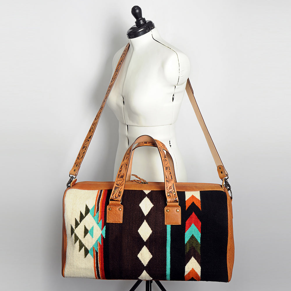 American Darling Duffel Bag for Travel, Hand Tooled Floral Leather &amp; Woven Saddle Blanket, Genuine Western Leather Weekender