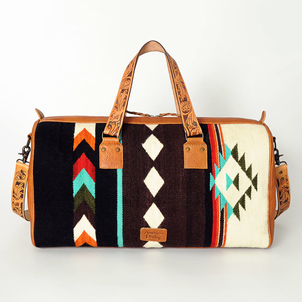 American Darling Duffel Bag for Travel, Hand Tooled Floral Leather &amp; Woven Saddle Blanket, Genuine Western Leather Weekender