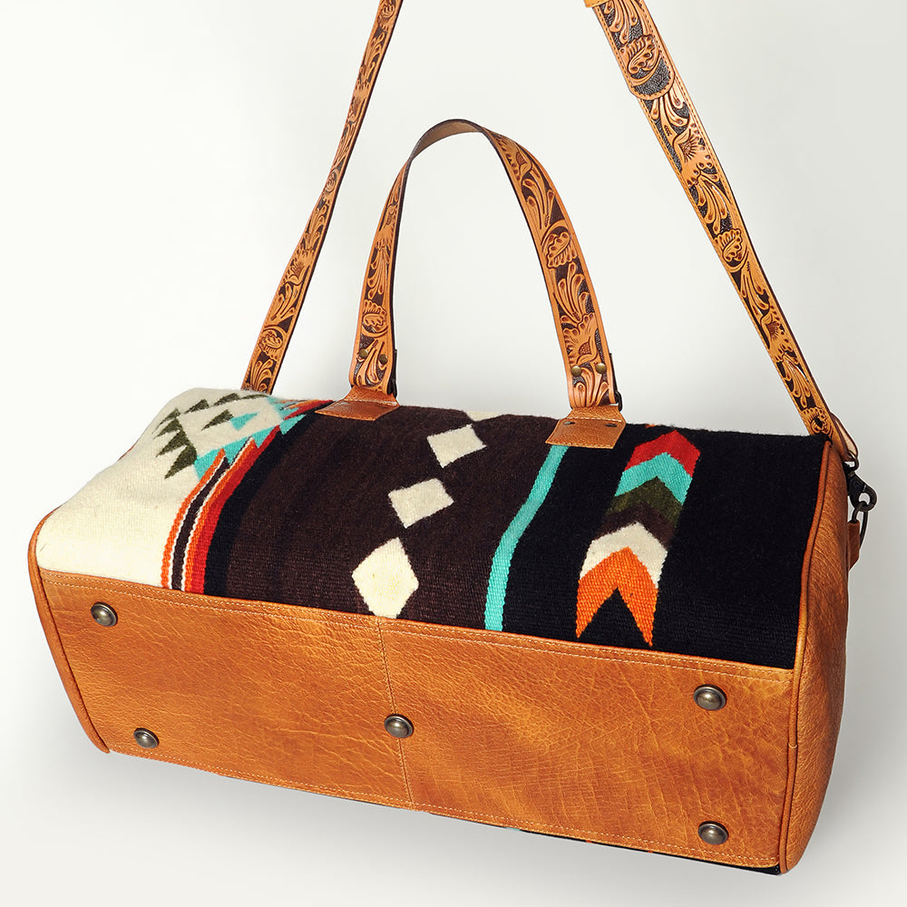 American Darling Duffel Bag for Travel, Hand Tooled Floral Leather &amp; Woven Saddle Blanket, Genuine Western Leather Weekender